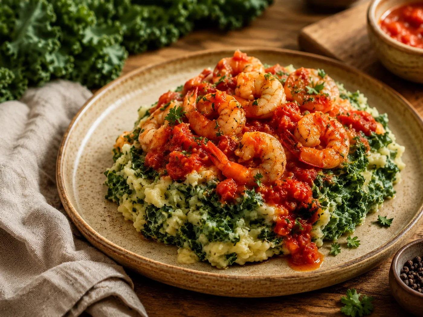 Boerenkool stamppot met garnalen in tomatensaus