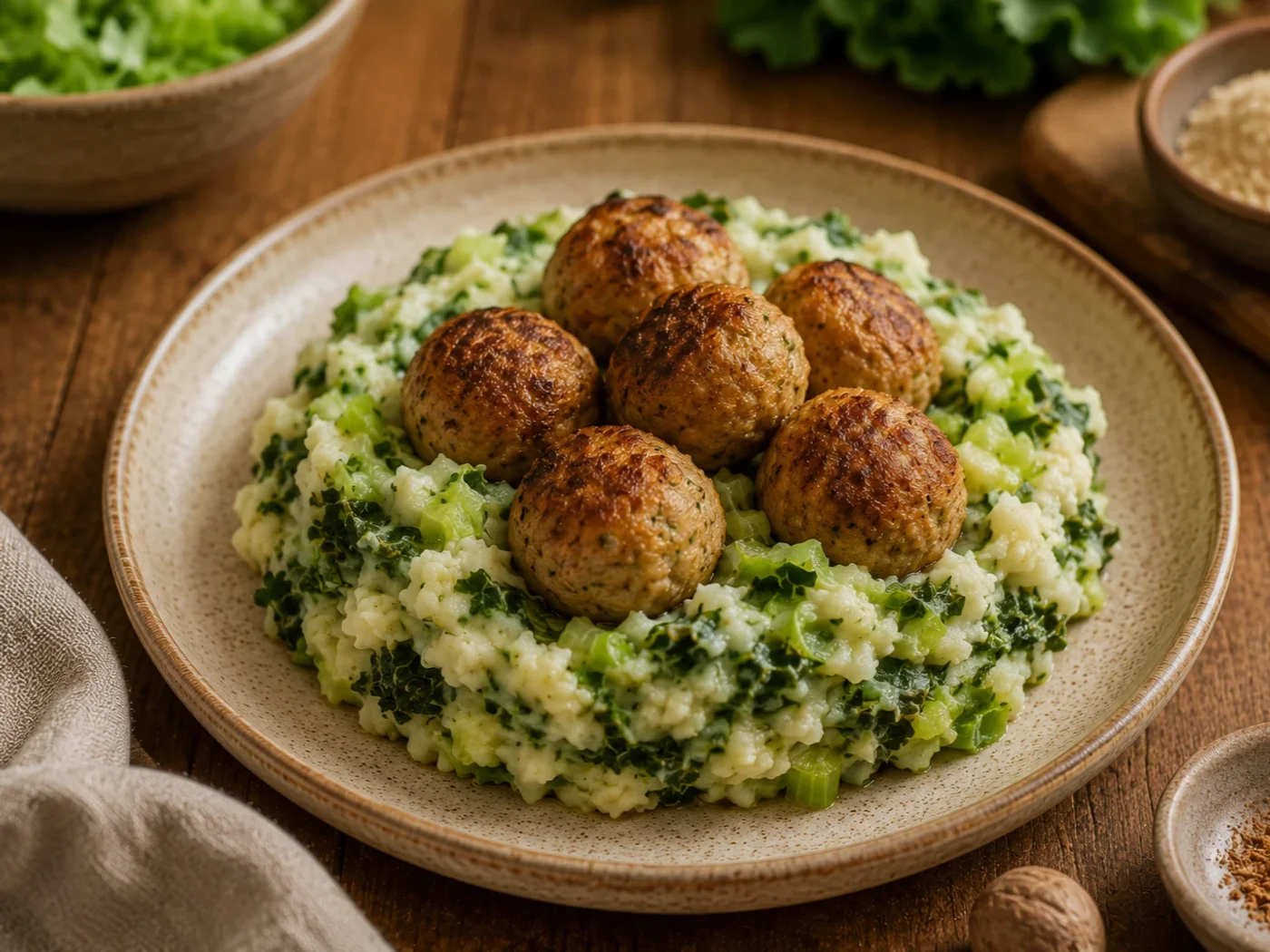 Andijviestamppot met kipgehaktballetjes of vegetarische balletjes
