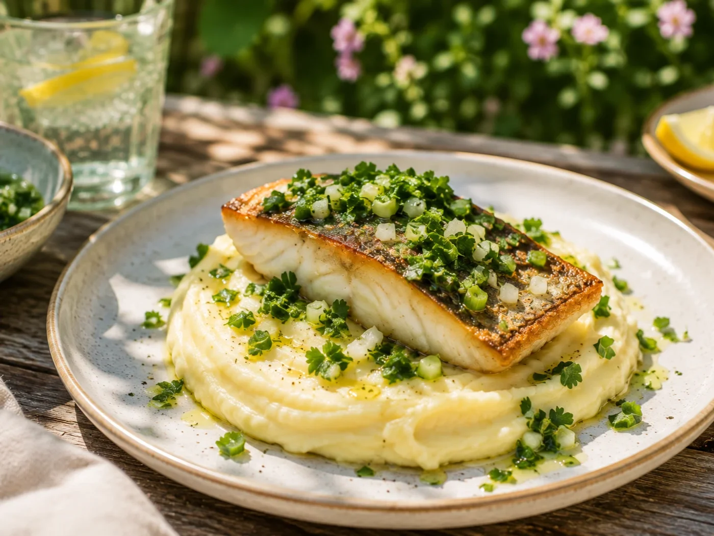 Aardappelmousseline met op de huid gebakken kabeljauw en persillade