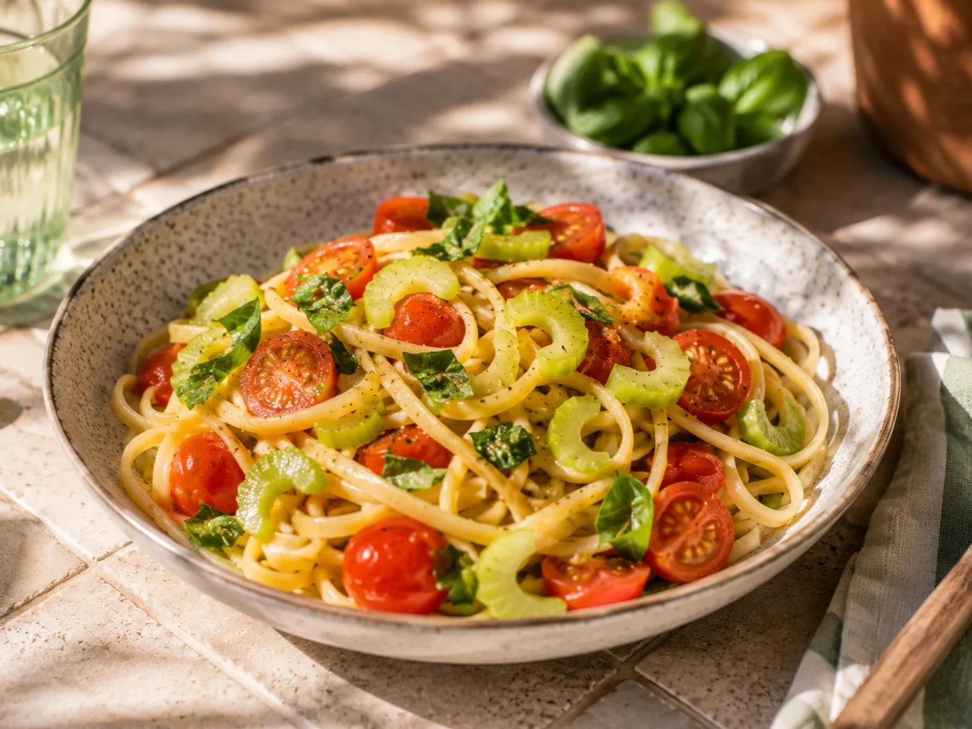 Linguine met kerstomaatjes, bleekselderij en basilicum