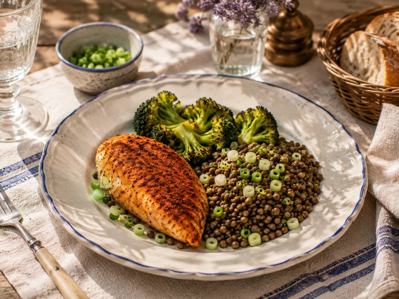 Linzen met kipfilet uit de oven en geroosterde broccoli